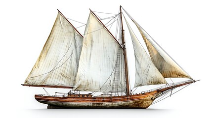 Obraz premium A wooden sailboat isolated on white, embodying the charm of traditional sailing vessels.