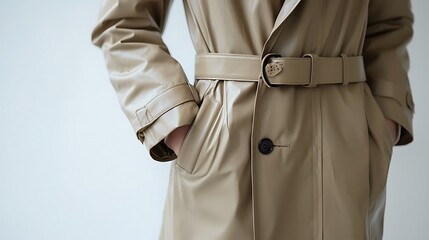 A beige trench coat with a belt and pockets, combining classic style with practicality.