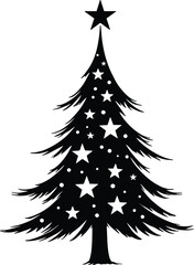 Obraz premium Christmas Tree Doodle Hand Drawn Vector Illustration Black and White silhouette with stars