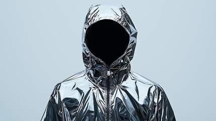 An anonymous figure in a shiny silver hooded jacket, exuding a mysterious, modern vibe.