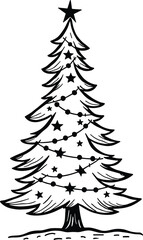 Christmas Tree Doodle Hand Drawn Vector Illustration Black and White silhouette with stars