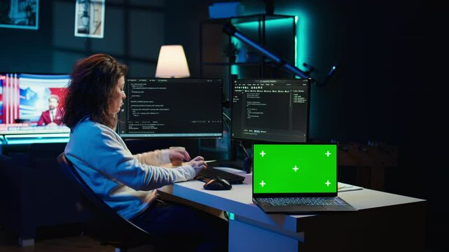 Admin using green screen laptop to implement security measures, protecting company systems and data. IT worker testing and debugging code for software applications on chroma key notebook, camera B