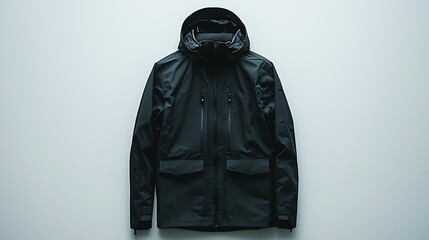 A black waterproof rain jacket with a hood, isolated on white, perfect for all-weather wear.