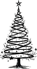 Christmas Tree Doodle Hand Drawn Vector Illustration Black and White silhouette with stars