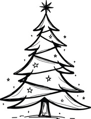 Christmas Tree Doodle Hand Drawn Vector Illustration Black and White silhouette with stars