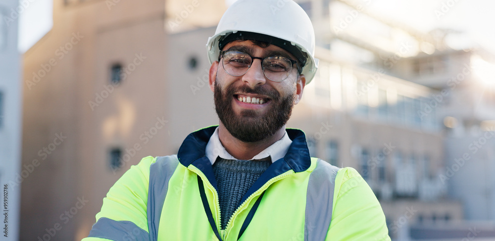 Poster construction worker, rooftop and man portrait with architecture and urban planning with success outd