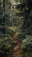 A narrow, winding path leads through a dense, green forest.