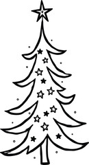 Christmas Tree Doodle Hand Drawn Vector Illustration Black and White silhouette with stars