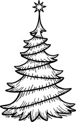 Christmas Tree Doodle Hand Drawn Vector Illustration Black and White silhouette with stars