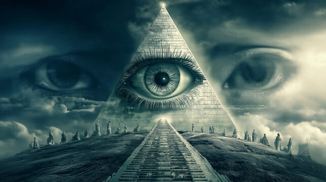 All seeing eye watching over crowd walking toward pyramid conspiracy theory