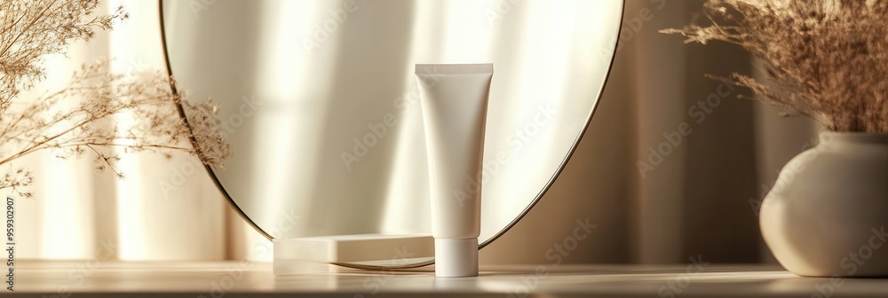 Poster A tube of cream stands elegantly in front of a round mirror, capturing delicate reflections and surrounded by tranquil dried flowers. Generative AI