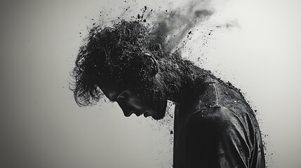 A conceptual artwork of a man disintegrating into dust, in black and white, symbolizing despair and anxiety.