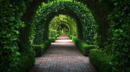 Obraz premium A brick pathway winding through a lush green archway garden, offering a serene and inviting walk.