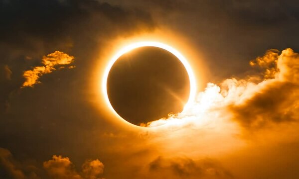 Solar eclipse with a glowing halo of light surrounding the darkened sun