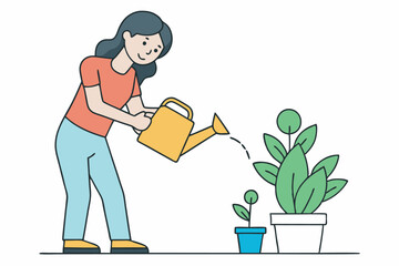 Young woman watering a plant Flat vector illustration isolated on white background.eps