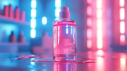 A pink liquid bottle reflecting neon lights, adding a futuristic glow to an everyday object.