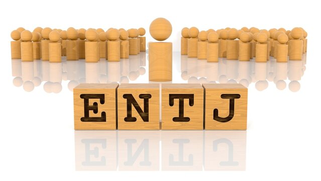 ENTJの文字が印字された木製ブロックと木製棒人間