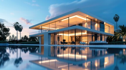 Fototapeta premium Serene Luxury House with Pool, Evening Reflections 