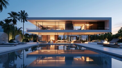 Fototapeta premium Elegant Evening Scene, Luxurious Home with Glass Windows 