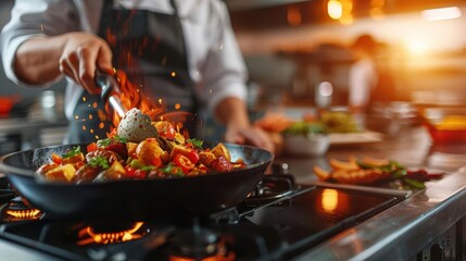 Culinary school with students cooking, dynamic and educational, Culinary, Warm tones, Photograph, Culinary learning