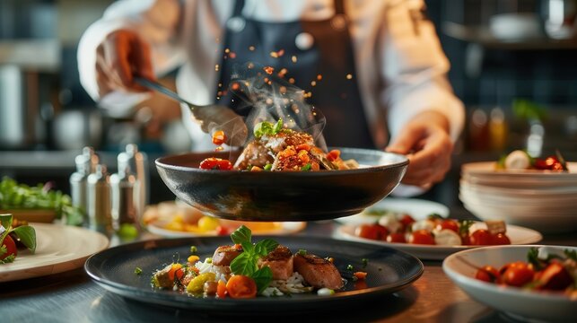 Culinary school with students cooking, dynamic and educational, Culinary, Warm tones, Photograph, Culinary learning