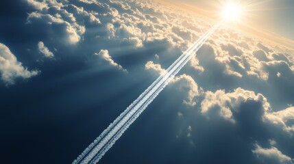 Sun-Kissed Contrails: Awe-inspiring aerial view of twin contrails slicing through a majestic cloudscape, bathed in the golden glow of the setting sun. 