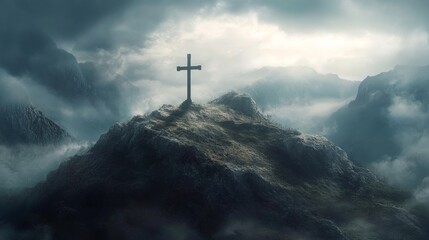 Solitary Cross on a Bleak Mountaintop: A weathered cross stands tall against a stormy sky, atop a rugged mountain peak shrouded in mist, evoking themes of faith, solitude, and resilience. 