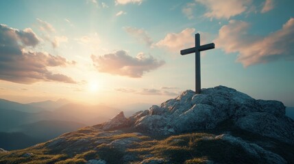 Cross on the Mountaintop: A wooden cross stands tall against a breathtaking sunset, symbolizing faith, hope, and the enduring power of belief. It evokes a sense of peace, tranquility, and the promise 