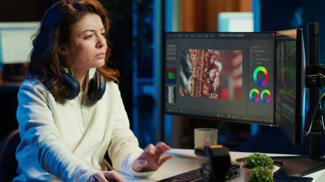 Happy videographer using professional software to create visual effects for video projects, proud of results. Smiling expert using post production techniques to edit raw clips footage, camera A