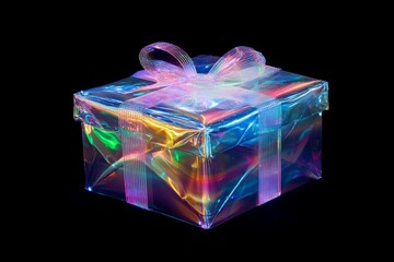 Iridescent Mystery: A gift, aglow with iridescent colors, promises excitement and intrigue against a stark black backdrop.  