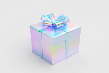 Obraz premium Holographic Gift Box: A mesmerizing iridescent gift box with a vibrant bow, capturing the essence of joy and anticipation. Perfect for celebrations, birthdays, or special occasions. 