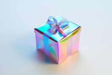 Holographic Gift Box: A radiant, iridescent gift box with a delicate blue ribbon, gleaming with a captivating holographic sheen, symbolizing celebration, surprise, and a touch of magic.  