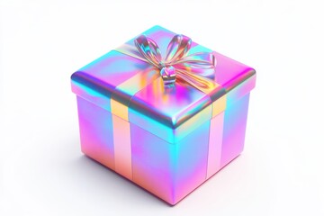Obraz premium Holographic Gift Box: A dazzling iridescent gift box adorned with a shimmering bow, radiating an ethereal glow. Perfect for representing joy, celebration, and special occasions. 