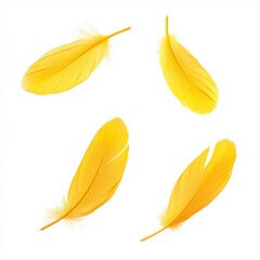 Golden Feathers Adrift: Five vibrant yellow feathers float gracefully against a pristine white...