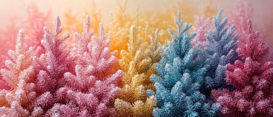 Colorful frosted Christmas trees in shades of pink, blue, and yellow, creating a dreamy winter wonderland under a soft, warm sky.