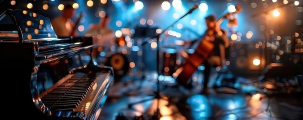 Jazz club with musicians performing, dynamic and musical, Urban, Warm tones, Photograph, Live music