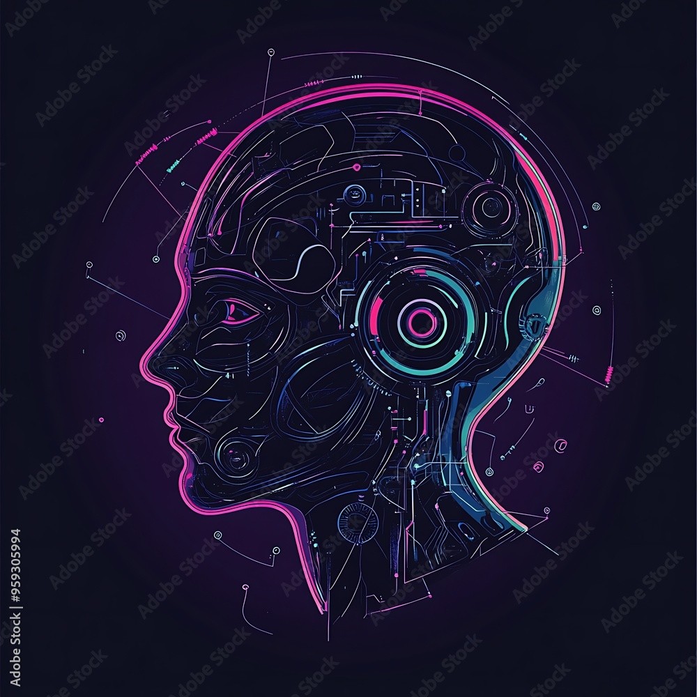 Poster Abstract Digital Portrait with Neon Lines and Circuits