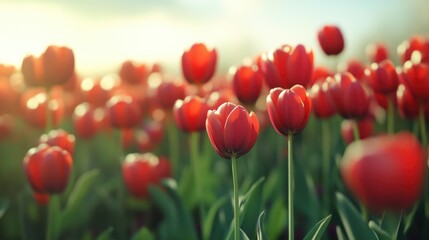 Fototapeta premium Vibrant Red Tulips Field