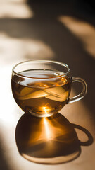 A cup of tea rests on a table, illuminated by warm sunlight streaming through a nearby window.