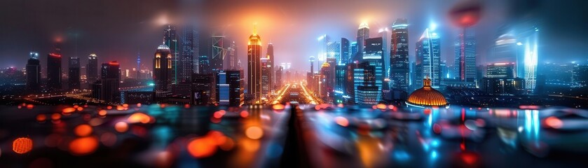 Night cityscape with glowing lights, vibrant and dynamic, Urban, Cool tones, Photograph, Urban beauty