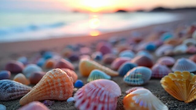Colorful seashells scattered on sandy beach. Soft focus sunset illuminates background, creating warm glow. Shells' intricate patterns and textures highlighted in foreground.	