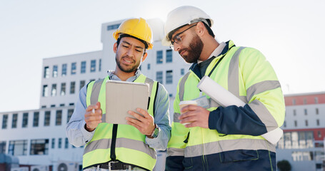 Businessman, team and civil engineer with tablet for construction, architecture or planning in...
