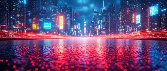 Fototapeta premium Neon Cityscape with Reflections on Wet Pavement
