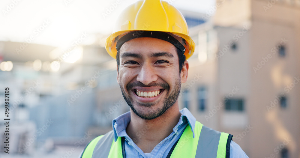 Poster architect, rooftop and man portrait with architecture and urban planning with success and project ou