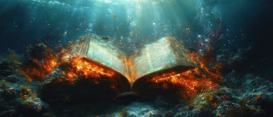 Open Book Glowing Underwater with Fish and Bubbles