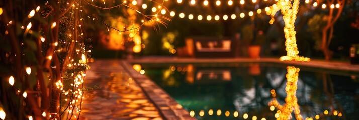 Warm yellow string lights glowing at a nighttime celebration.