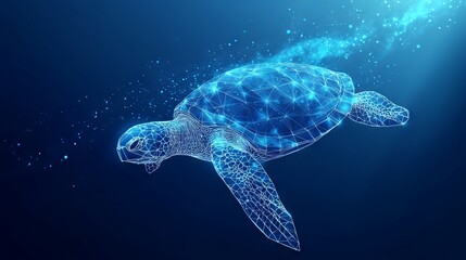 Fototapeta premium Abstract swimming sea turtle in polygons on technology blue background. Low poly wire frame marine life concept. Polygonal 3D vector illustration.