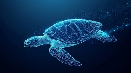 Obraz premium Abstract swimming sea turtle in polygons on technology blue background. Low poly wire frame marine life concept. Polygonal 3D vector illustration.