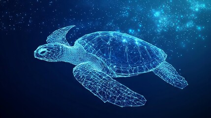 Obraz premium Abstract swimming sea turtle in polygons on technology blue background. Low poly wire frame marine life concept. Polygonal 3D vector illustration.