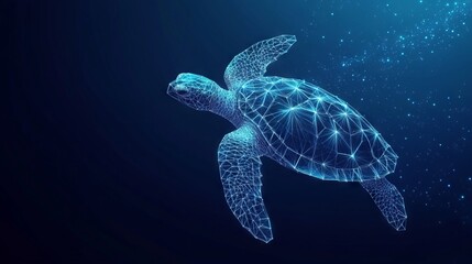 Fototapeta premium Abstract swimming sea turtle in polygons on technology blue background. Low poly wire frame marine life concept. Polygonal 3D vector illustration.
